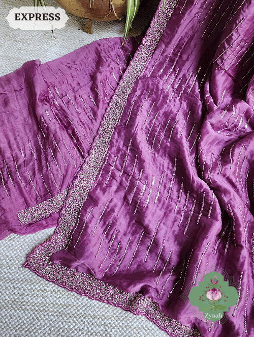 Zynah Wine Satin Organza Silk Saree With Cutdana, Sequins & Pearl Work ; Custom Stitched/Ready-made Blouse, Fall, Petticoat; SKU: 0703202302