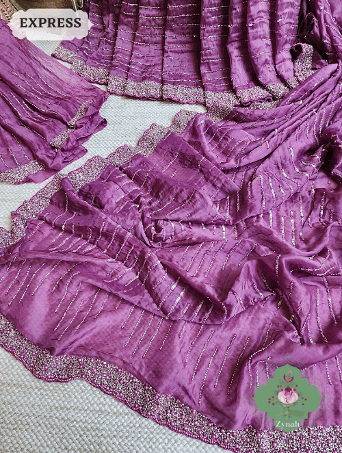 Zynah Wine Satin Organza Silk Saree With Cutdana, Sequins & Pearl Work ; Custom Stitched/Ready-made Blouse, Fall, Petticoat; SKU: 0703202302
