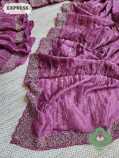 Zynah Wine Satin Organza Silk Saree With Cutdana, Sequins & Pearl Work ; Custom Stitched/Ready-made Blouse, Fall, Petticoat; SKU: 0703202302