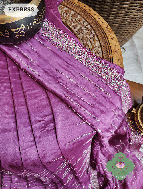 Zynah Wine Satin Organza Silk Saree With Cutdana, Sequins & Pearl Work ; Custom Stitched/Ready-made Blouse, Fall, Petticoat; SKU: 0703202302