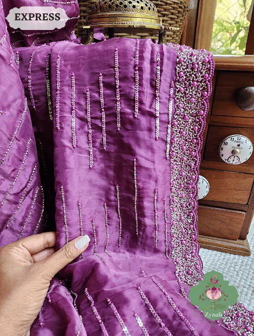 Zynah Wine Satin Organza Silk Saree With Cutdana, Sequins & Pearl Work ; Custom Stitched/Ready-made Blouse, Fall, Petticoat; SKU: 0703202302