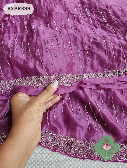 Zynah Wine Satin Organza Silk Saree With Cutdana, Sequins & Pearl Work ; Custom Stitched/Ready-made Blouse, Fall, Petticoat; SKU: 0703202302