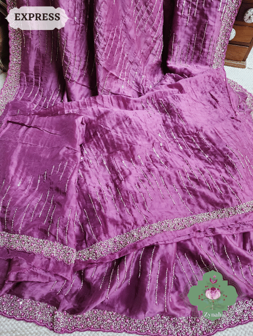 Zynah Wine Satin Organza Silk Saree With Cutdana, Sequins & Pearl Work ; Custom Stitched/Ready-made Blouse, Fall, Petticoat; SKU: 0703202302