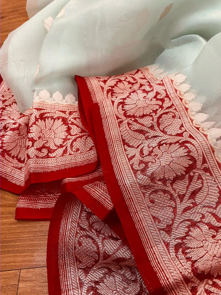 Zynah Pure Banarasi Handloom Khaddi Georgette Saree with Zari Border & Butis; Custom Stitched/Ready-made Blouse, Fall, Petticoat; Shipping available USA, Worldwide