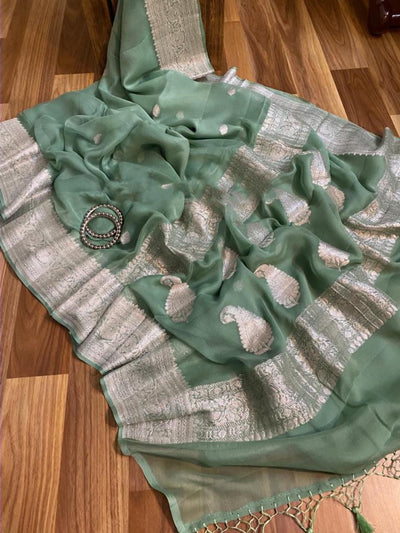 Zynah Pure Banarasi Handloom Khaddi Georgette Saree with Zari Border & Butis; Custom Stitched/Ready-made Blouse, Fall, Petticoat; Shipping available USA, Worldwide