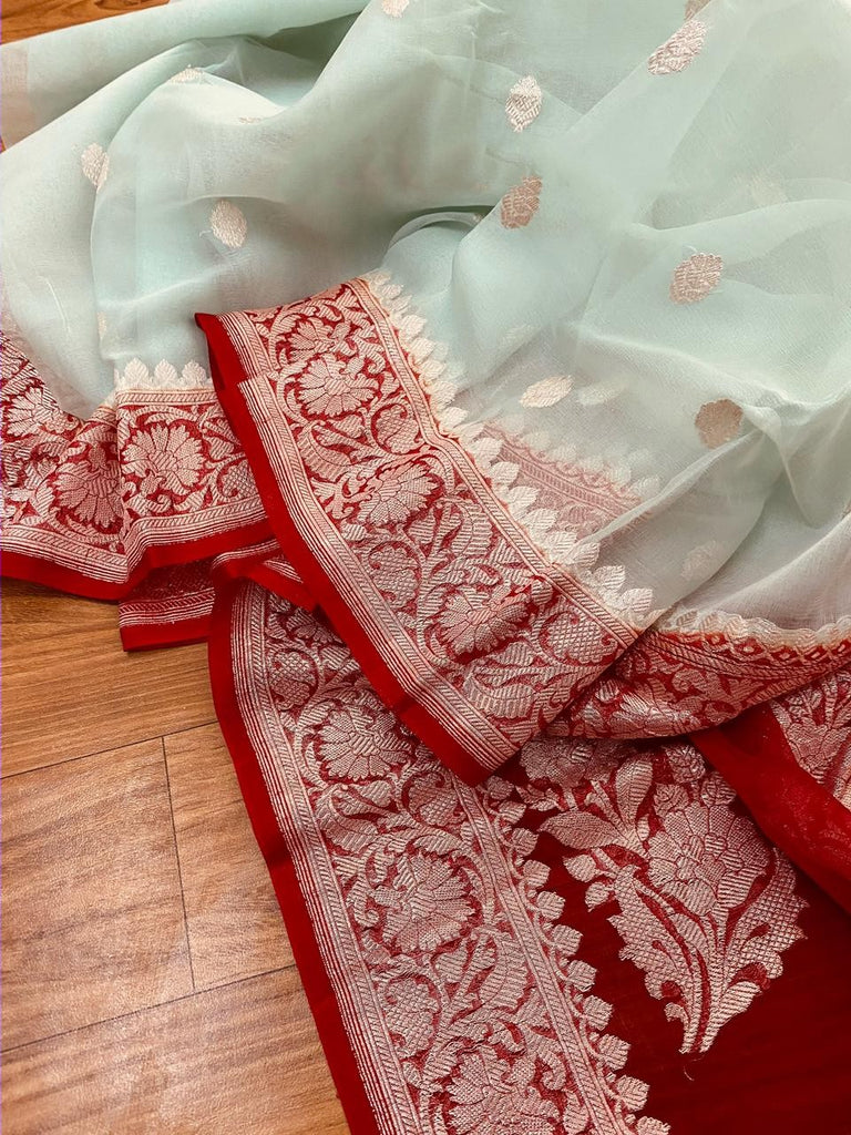 Zynah Pure Banarasi Handloom Khaddi Georgette Saree with Zari Border & Butis; Custom Stitched/Ready-made Blouse, Fall, Petticoat; Shipping available USA, Worldwide