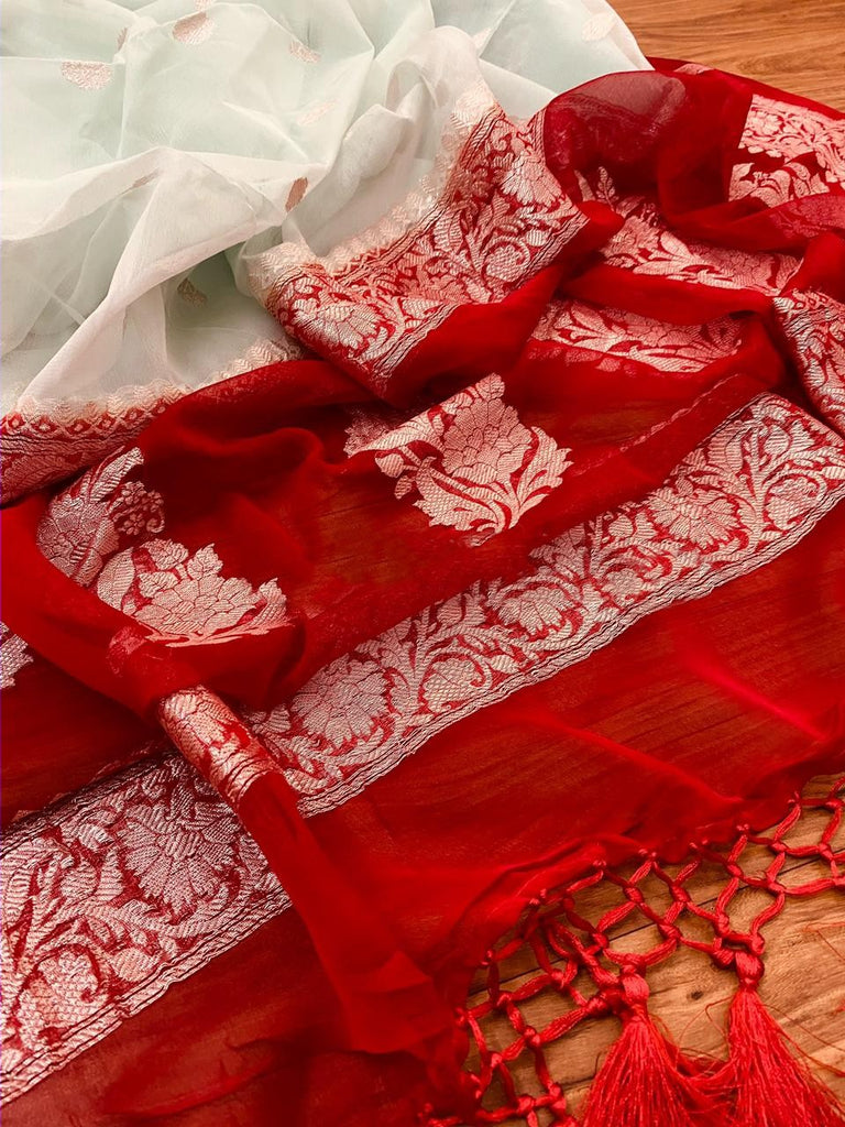Zynah Pure Banarasi Handloom Khaddi Georgette Saree with Zari Border & Butis; Custom Stitched/Ready-made Blouse, Fall, Petticoat; Shipping available USA, Worldwide