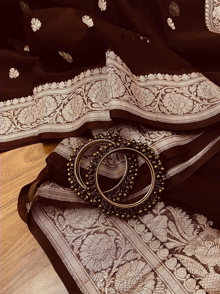 Zynah Pure Banarasi Handloom Khaddi Georgette Saree, Zari Border & Butis; Custom Stitched/Ready-made Blouse, Fall, Petticoat; Shipping available USA, Worldwide