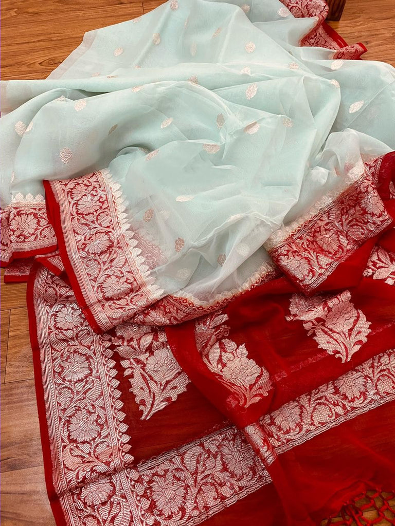 Zynah Pure Banarasi Handloom Khaddi Georgette Saree with Zari Border & Butis; Custom Stitched/Ready-made Blouse, Fall, Petticoat; Shipping available USA, Worldwide