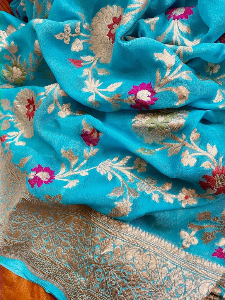 Zynah Pure Khaddi Georgette Banarasi Saree with Golden Zari & Meenakari Weave Motifs; Custom Stitched/Ready-made Blouse, Fall, Petticoat; Shipping available USA, Worldwide