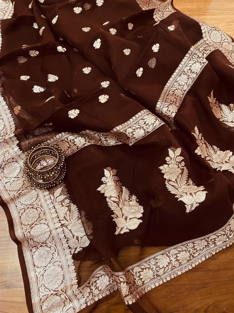 Zynah Pure Banarasi Handloom Khaddi Georgette Saree, Zari Border & Butis; Custom Stitched/Ready-made Blouse, Fall, Petticoat; Shipping available USA, Worldwide