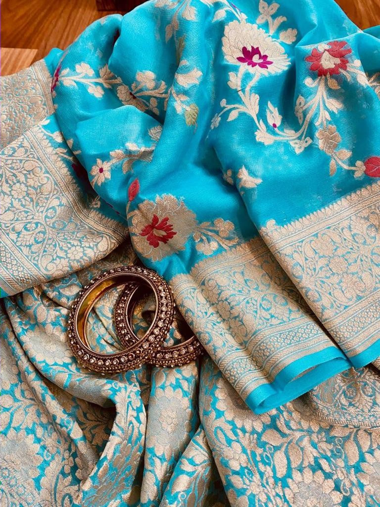 Zynah Pure Khaddi Georgette Banarasi Saree with Golden Zari & Meenakari Weave Motifs; Custom Stitched/Ready-made Blouse, Fall, Petticoat; Shipping available USA, Worldwide
