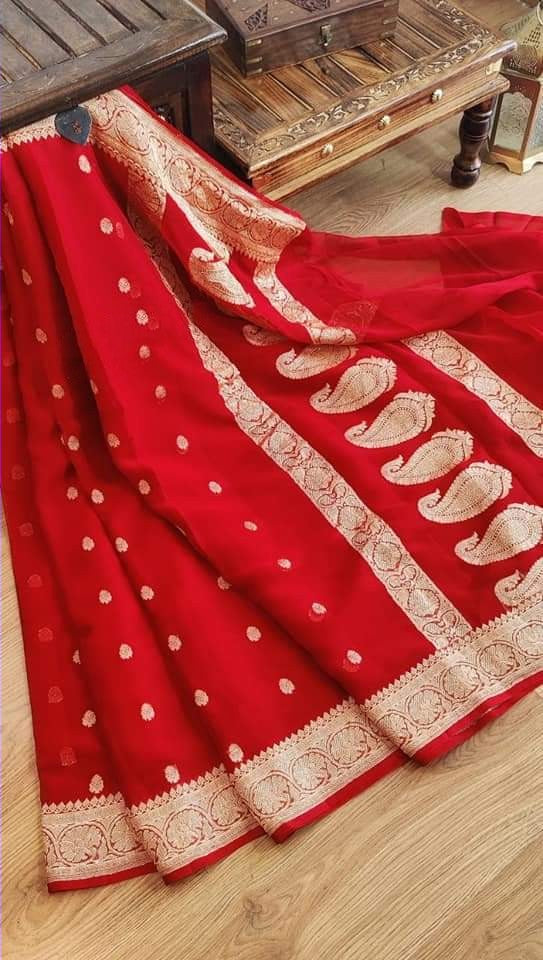 Zynah Pure Banarasi Handloom Khaddi Georgette Saree with Zari Border & Butis; Custom Stitched/Ready-made Blouse, Fall, Petticoat; Shipping available USA, Worldwide