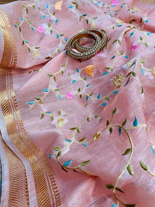 Zynah Silk Linen saree with Jaal Embroidery; Custom Stitched/Ready-made Blouse, Fall, Petticoat; Shipping available USA, Worldwide