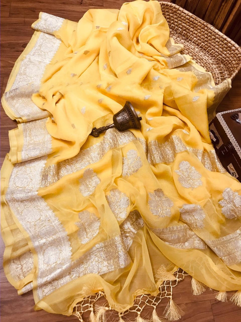 Zynah Pure Banarasi Handloom Khaddi Georgette Saree with Zari Border & Butis; Custom Stitched/Ready-made Blouse, Fall, Petticoat; Shipping available USA, Worldwide