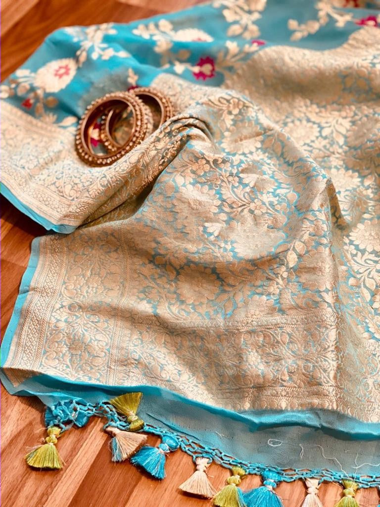Zynah Pure Khaddi Georgette Banarasi Saree with Golden Zari & Meenakari Weave Motifs; Custom Stitched/Ready-made Blouse, Fall, Petticoat; Shipping available USA, Worldwide