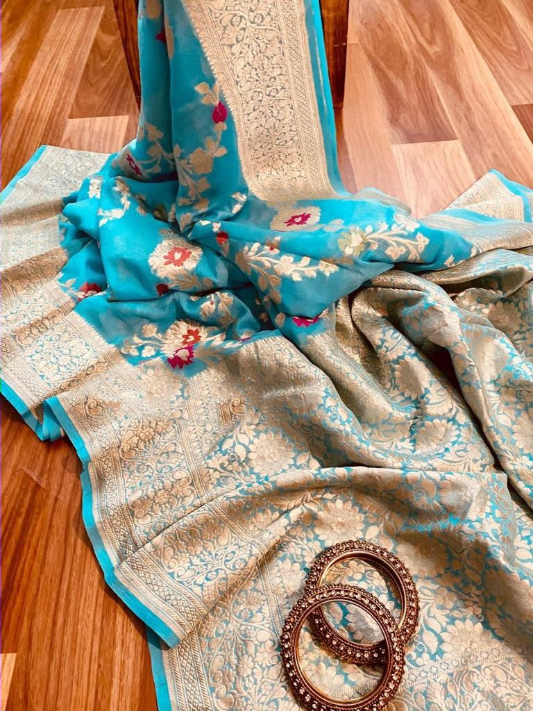 Zynah Pure Khaddi Georgette Banarasi Saree with Golden Zari & Meenakari Weave Motifs; Custom Stitched/Ready-made Blouse, Fall, Petticoat; Shipping available USA, Worldwide