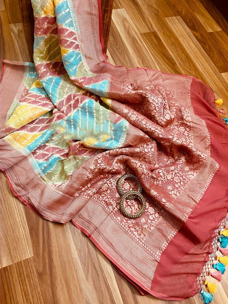 Zynah Pure Banarasi Woven Khaddi Georgette Saree; Custom Stitched/Ready-made Blouse, Fall, Petticoat; Shipping available USA, Worldwide