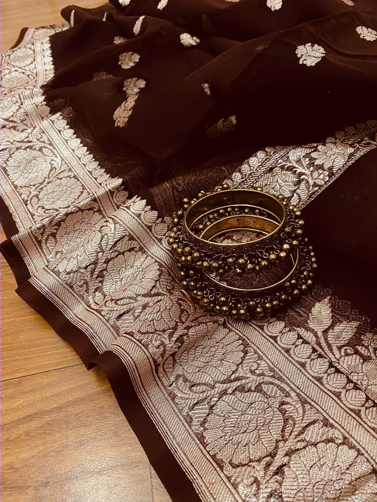 Zynah Pure Banarasi Handloom Khaddi Georgette Saree, Zari Border & Butis; Custom Stitched/Ready-made Blouse, Fall, Petticoat; Shipping available USA, Worldwide