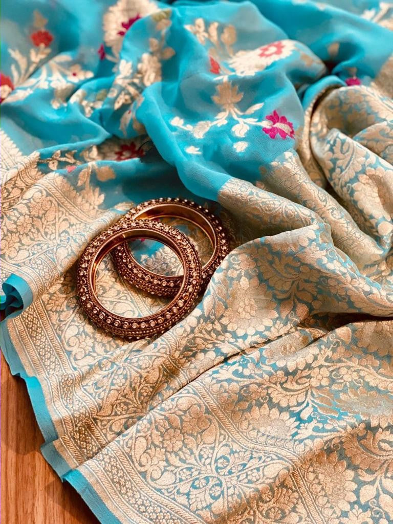 Zynah Pure Khaddi Georgette Banarasi Saree with Golden Zari & Meenakari Weave Motifs; Custom Stitched/Ready-made Blouse, Fall, Petticoat; Shipping available USA, Worldwide
