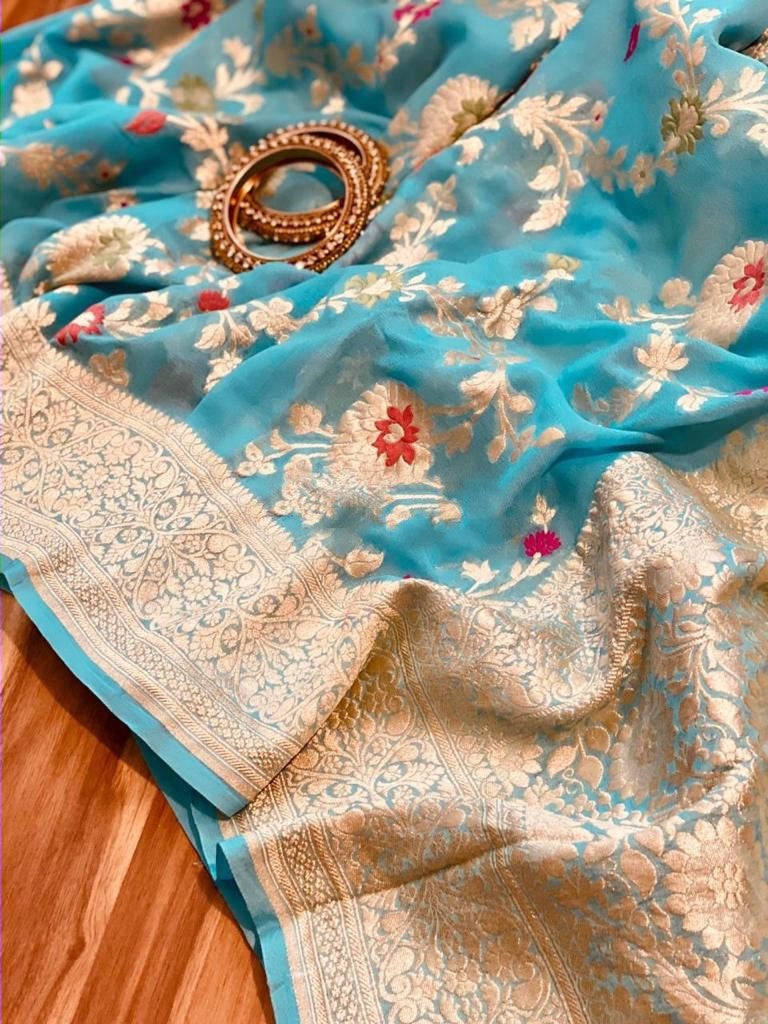 Zynah Pure Khaddi Georgette Banarasi Saree with Golden Zari & Meenakari Weave Motifs; Custom Stitched/Ready-made Blouse, Fall, Petticoat; Shipping available USA, Worldwide
