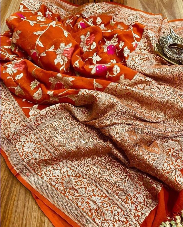 Zynah Pure Khaddi Georgette Banarasi Saree with Golden Zari & Meenakari Weaved Motifs; Custom Stitched/Ready-made Blouse, Fall, Petticoat; Shipping available USA, Worldwide