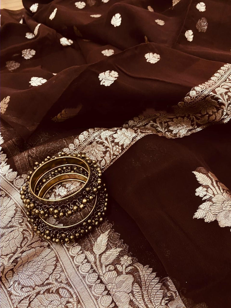 Zynah Pure Banarasi Handloom Khaddi Georgette Saree, Zari Border & Butis; Custom Stitched/Ready-made Blouse, Fall, Petticoat; Shipping available USA, Worldwide