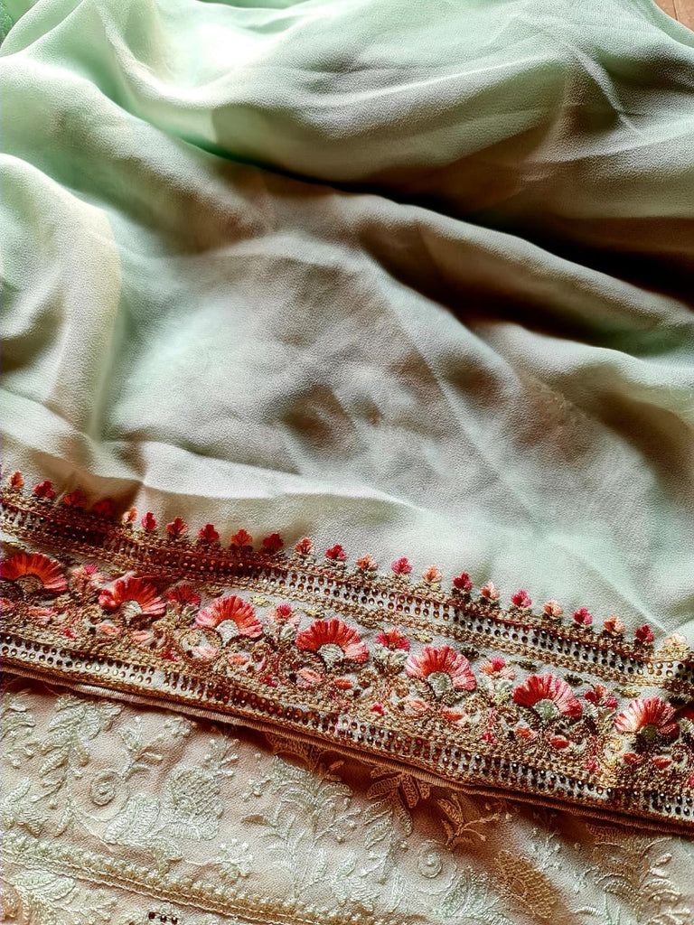 Zynah Soft Georgette Saree with Resham Embroidery & Sarowski Work; Custom Stitched/Ready-made Blouse, Fall, Petticoat; Shipping available USA, Worldwide