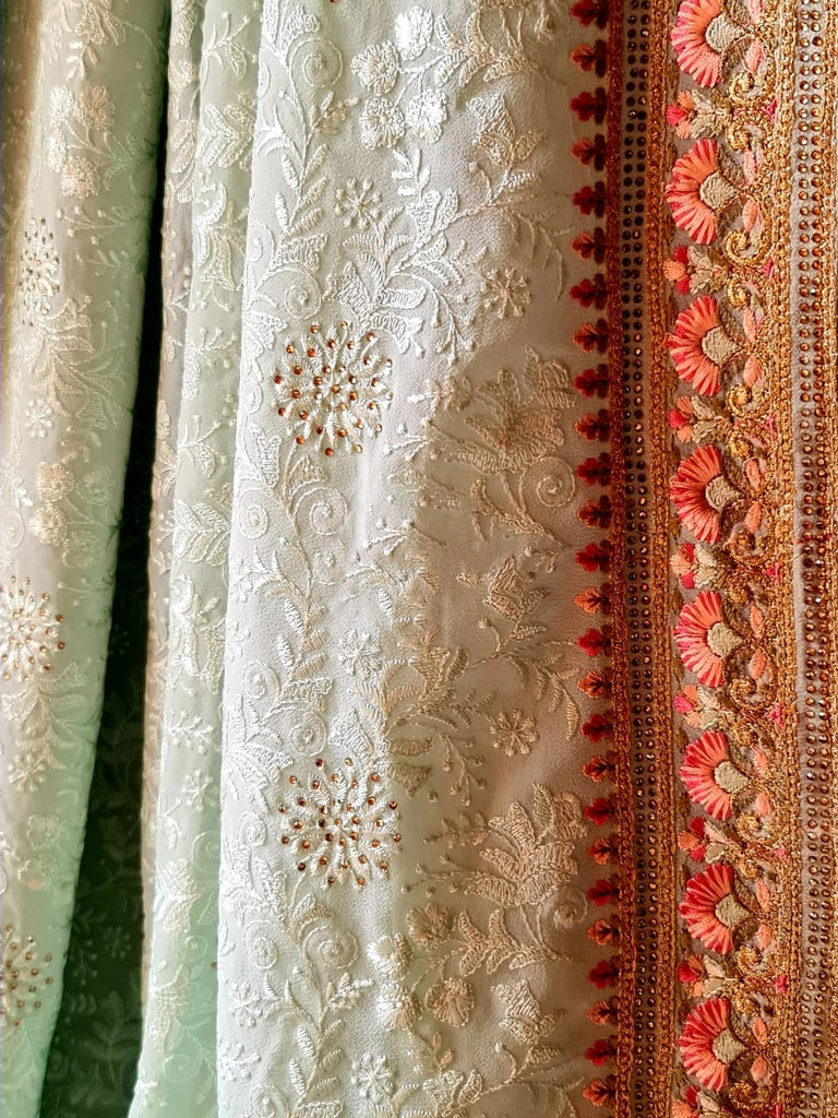 Zynah Soft Georgette Saree with Resham Embroidery & Sarowski Work; Custom Stitched/Ready-made Blouse, Fall, Petticoat; Shipping available USA, Worldwide