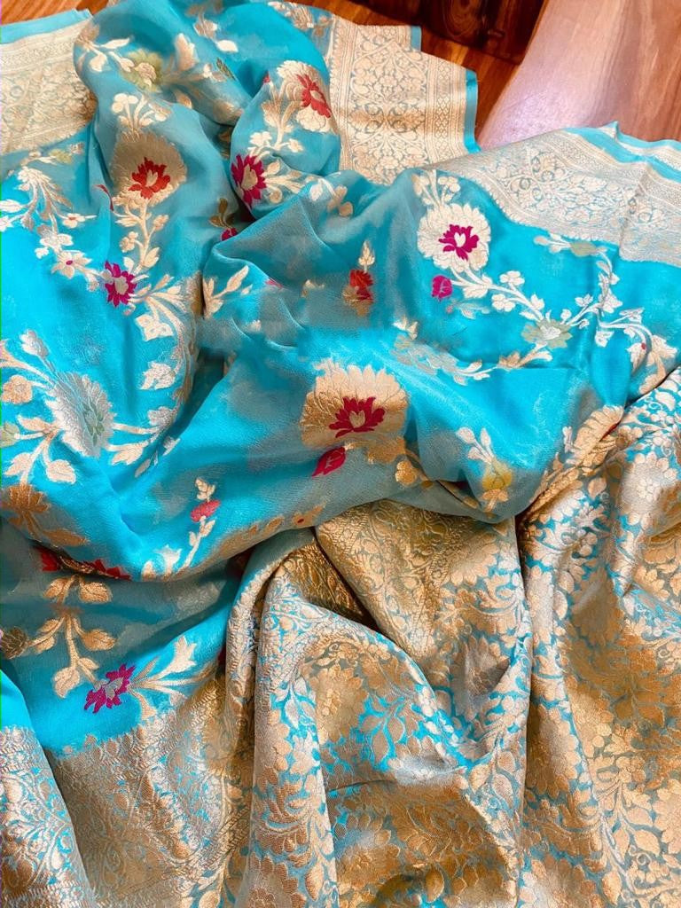 Zynah Pure Khaddi Georgette Banarasi Saree with Golden Zari & Meenakari Weave Motifs; Custom Stitched/Ready-made Blouse, Fall, Petticoat; Shipping available USA, Worldwide