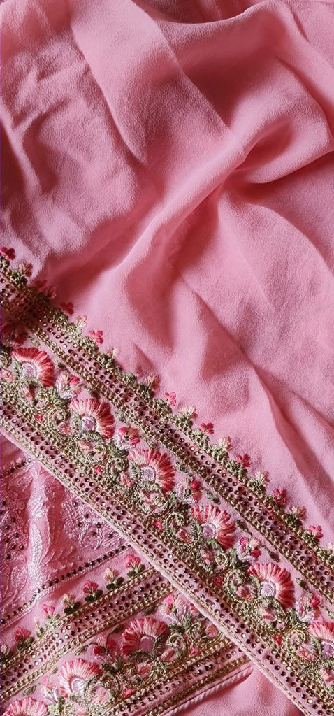 Zynah Soft Georgette Saree with Resham Embroidery & Swarovski Work; Custom Stitched/Ready-made Blouse, Fall, Petticoat; Shipping available USA, Worldwide