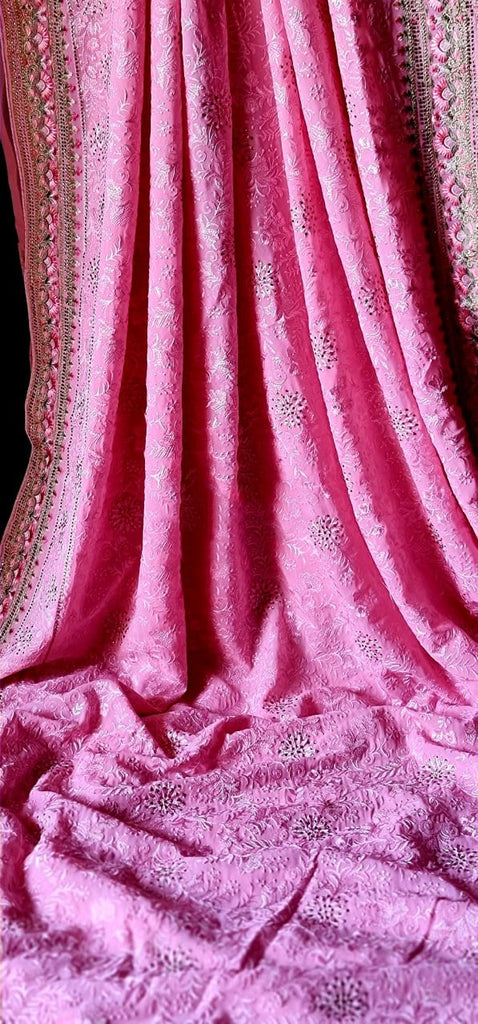 Zynah Soft Georgette Saree with Resham Embroidery & Swarovski Work; Custom Stitched/Ready-made Blouse, Fall, Petticoat; Shipping available USA, Worldwide