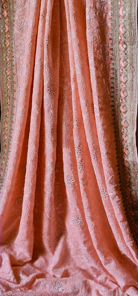 Zynah Soft Georgette Saree with Resham Embroidery & Swarovski Work; Custom Stitched/Ready-made Blouse, Fall, Petticoat; Shipping available USA, Worldwide