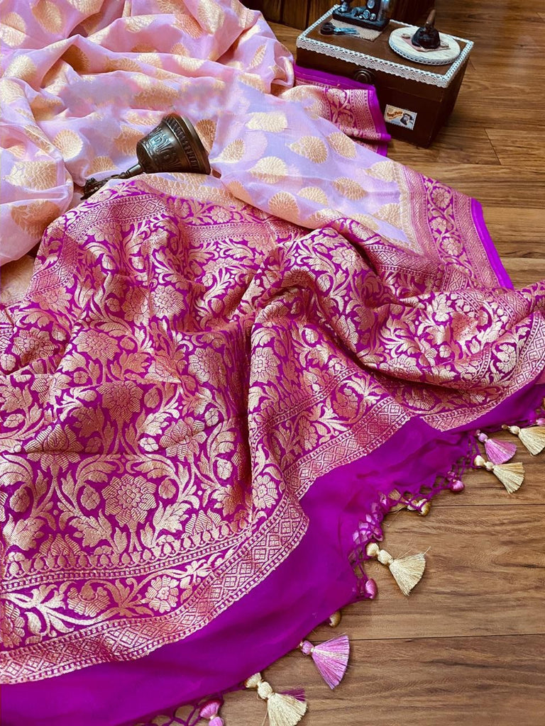 Zynah Pure Georgette Handloom Banarasi Saree; Custom Stitched/Ready-made Blouse, Fall, Petticoat; Shipping available USA, Worldwide