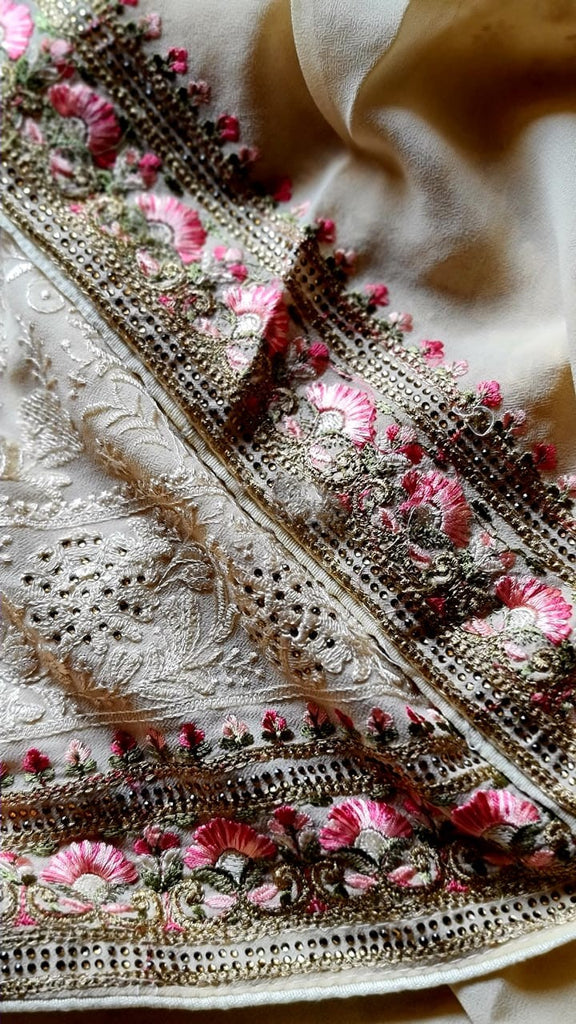 Zynah Soft Georgette Saree with Resham Embroidery & Sarowski Work; Custom Stitched/Ready-made Blouse, Fall, Petticoat; Shipping available USA, Worldwide