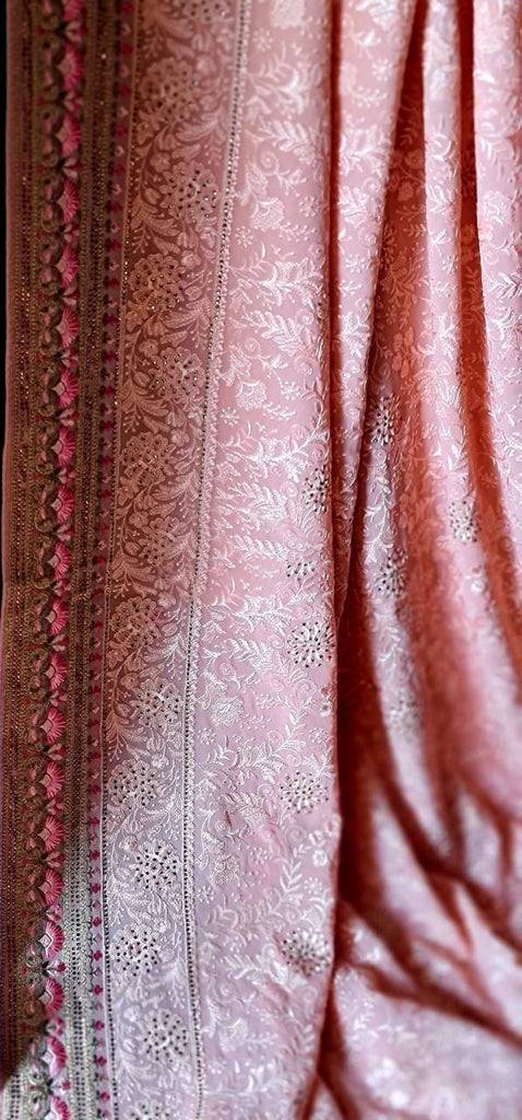 Zynah Soft Georgette Saree with Resham Embroidery & Swarovski Work; Custom Stitched/Ready-made Blouse, Fall, Petticoat; Shipping available USA, Worldwide