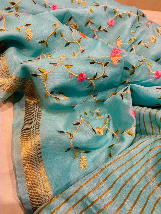 Zynah Silk Linen saree with Jaal Embroidery; Custom Stitched/Ready-made Blouse, Fall, Petticoat; Shipping available USA, Worldwide