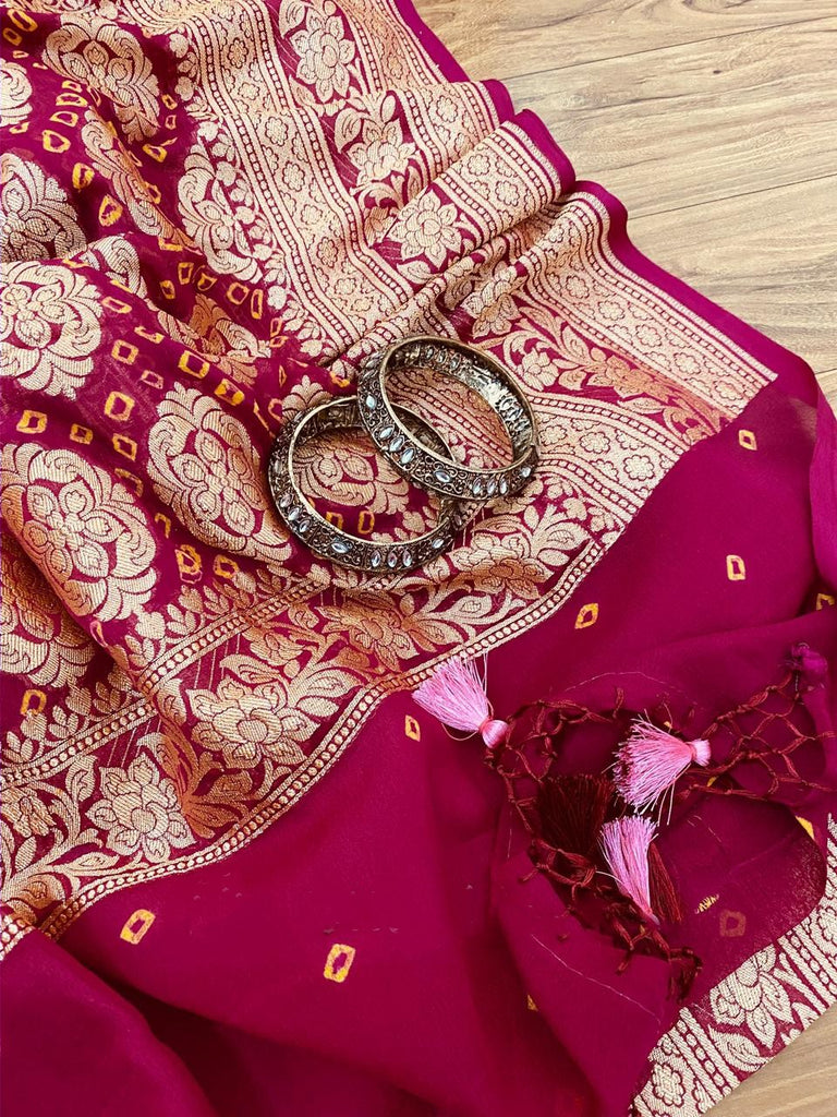 Zynah Khaddi Georgette Saree with Bandhani Prints, Antique Zari Weave; Custom Stitched/Ready-made Blouse, Fall, Petticoat; Shipping available USA, Worldwide