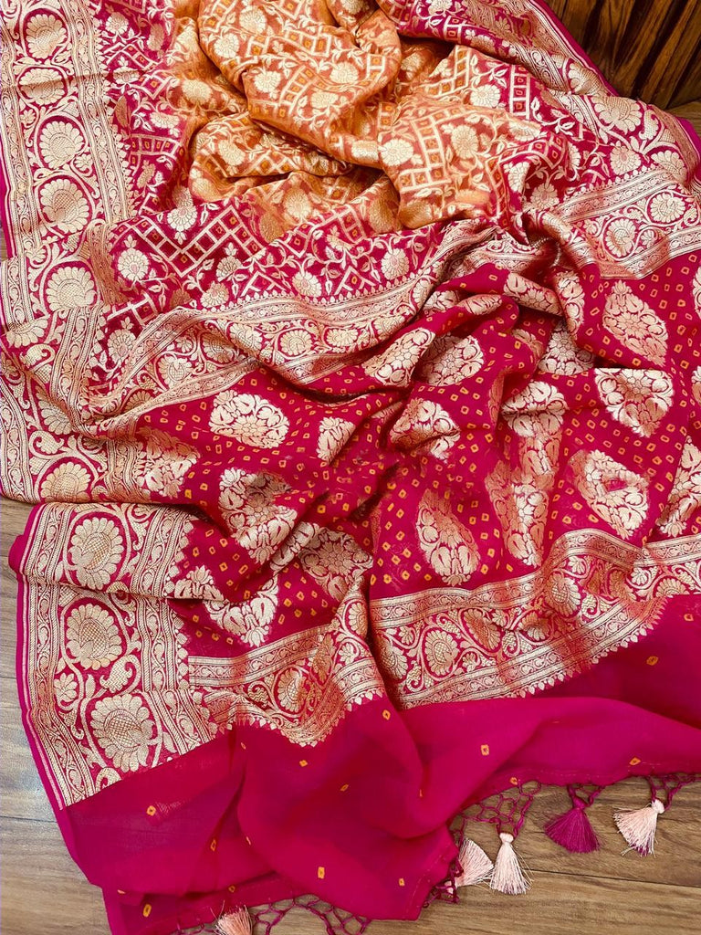 Zynah Khaddi Georgette Saree with Bandhani Prints, Antique Zari Weave; Custom Stitched/Ready-made Blouse, Fall, Petticoat; Shipping available USA, Worldwide