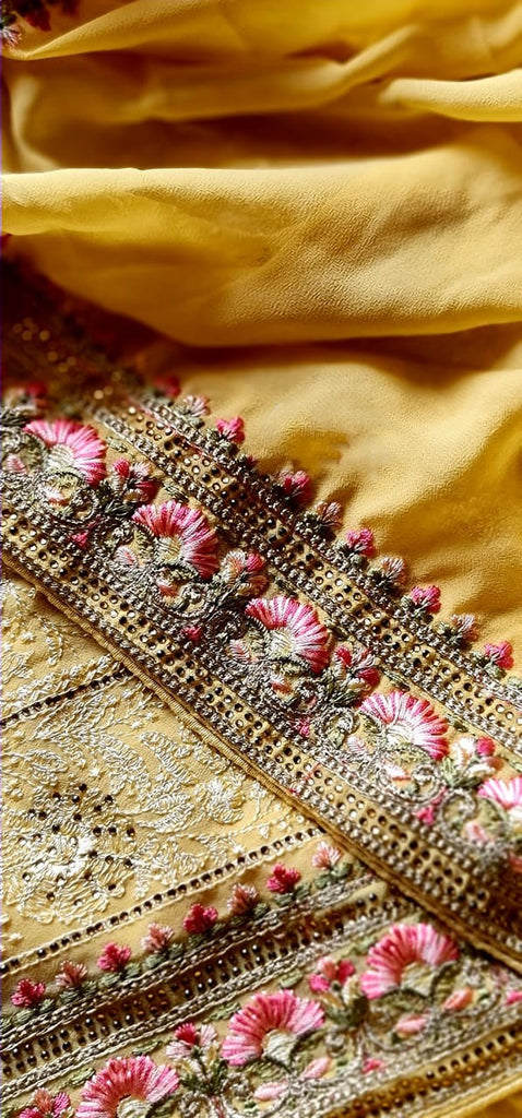 Zynah Soft Georgette Saree with Resham Embroidery & Sarowski Work; Custom Stitched/Ready-made Blouse, Fall, Petticoat; Shipping available USA, Worldwide