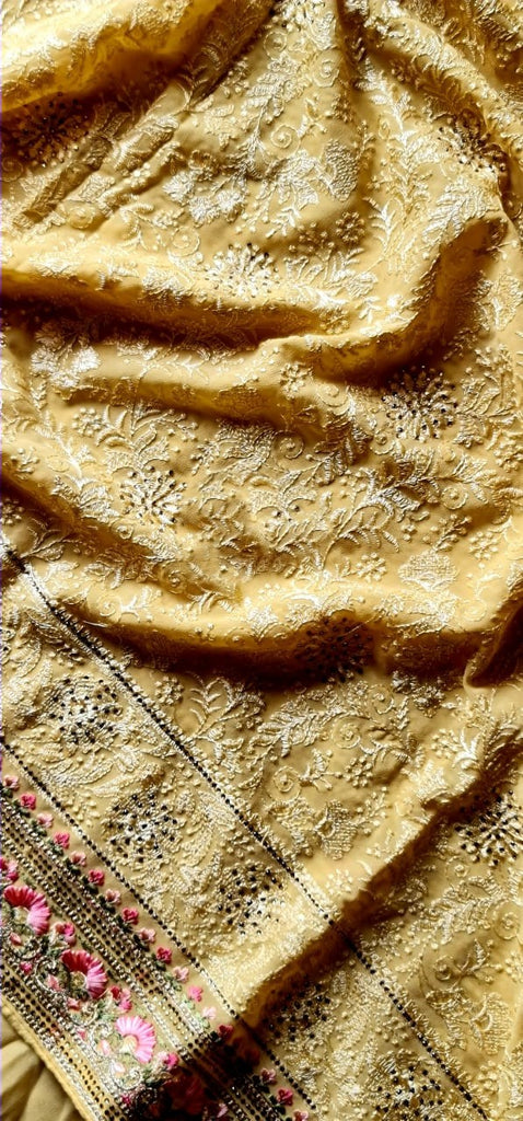 Zynah Soft Georgette Saree with Resham Embroidery & Sarowski Work; Custom Stitched/Ready-made Blouse, Fall, Petticoat; Shipping available USA, Worldwide