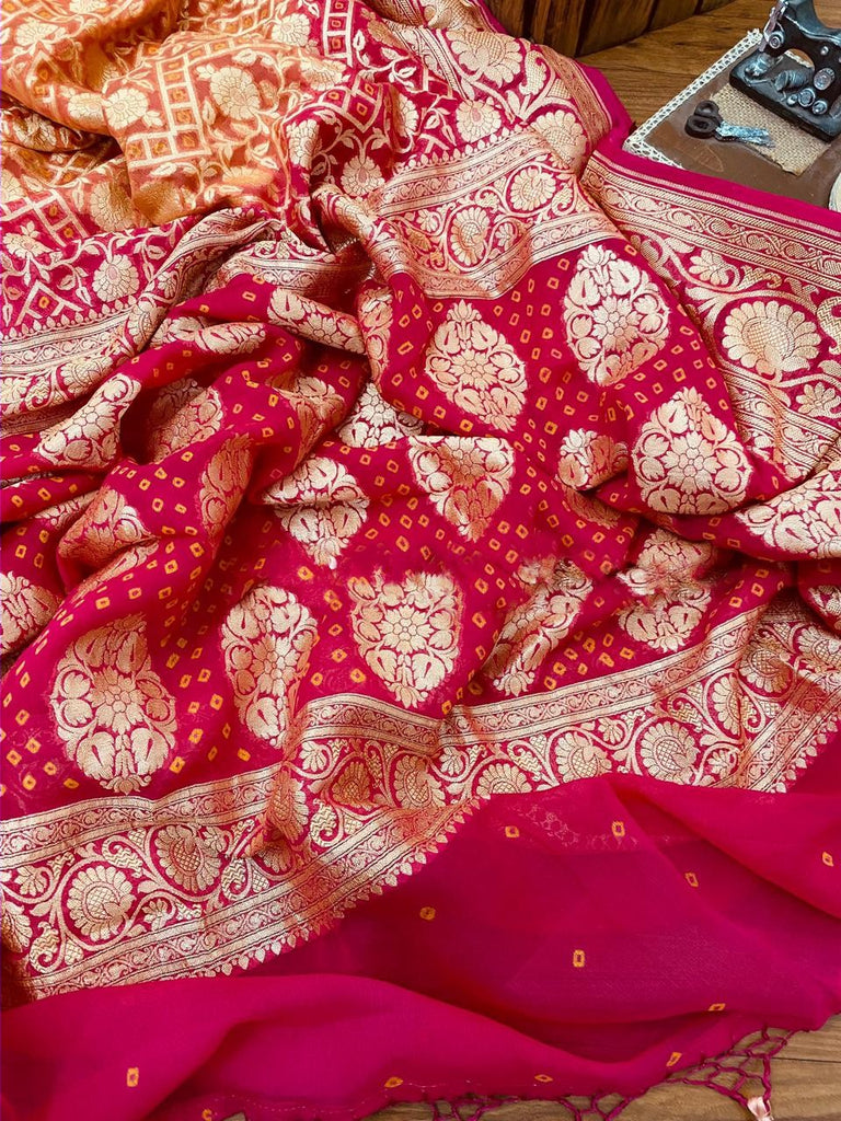 Zynah Khaddi Georgette Saree with Bandhani Prints, Antique Zari Weave; Custom Stitched/Ready-made Blouse, Fall, Petticoat; Shipping available USA, Worldwide