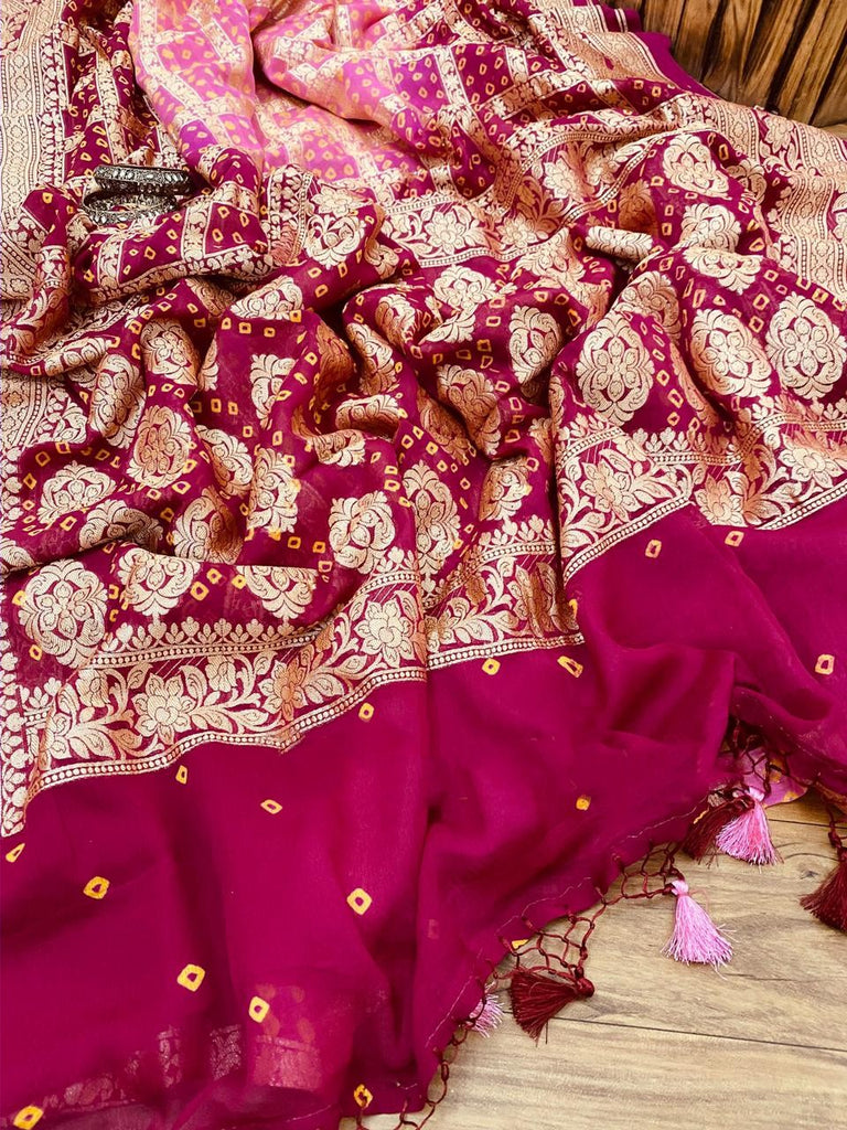 Zynah Khaddi Georgette Saree with Bandhani Prints, Antique Zari Weave; Custom Stitched/Ready-made Blouse, Fall, Petticoat; Shipping available USA, Worldwide