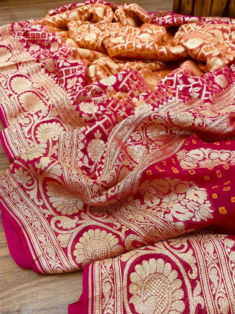 Zynah Khaddi Georgette Saree with Bandhani Prints, Antique Zari Weave; Custom Stitched/Ready-made Blouse, Fall, Petticoat; Shipping available USA, Worldwide