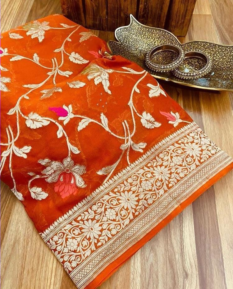 Zynah Pure Khaddi Georgette Banarasi Saree with Golden Zari & Meenakari Weaved Motifs; Custom Stitched/Ready-made Blouse, Fall, Petticoat; Shipping available USA, Worldwide