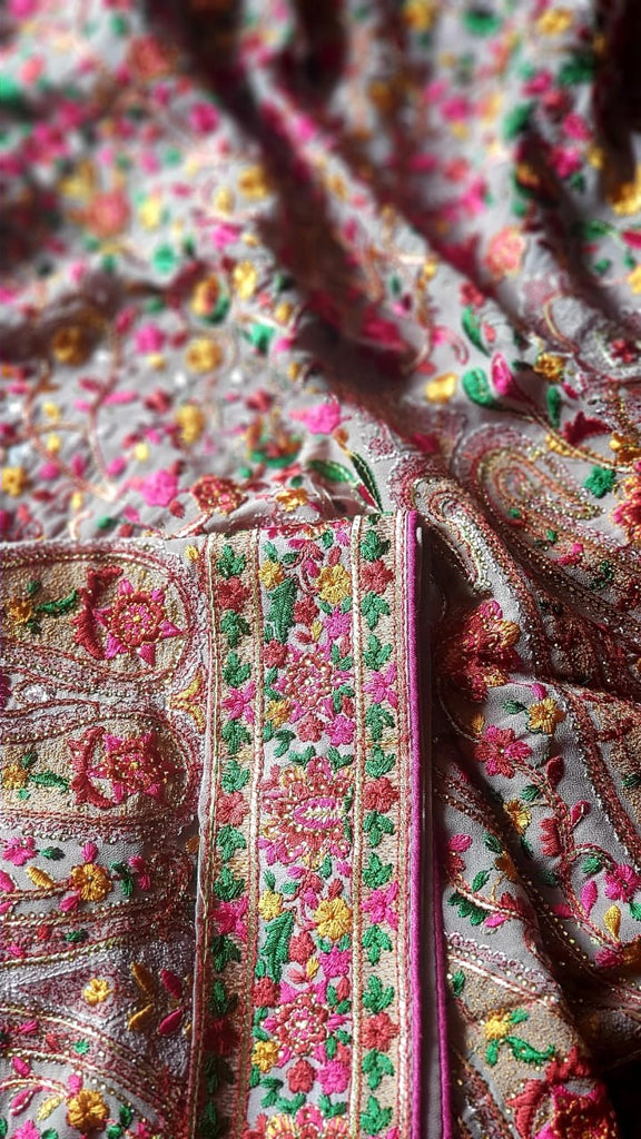 Zynah Designer Georgette Saree with Kashmiri Kaaj Embbroidery & Swarovski Stone Work; Custom Stitched/Ready-made Blouse, Fall, Petticoat; Shipping available USA, Worldwide