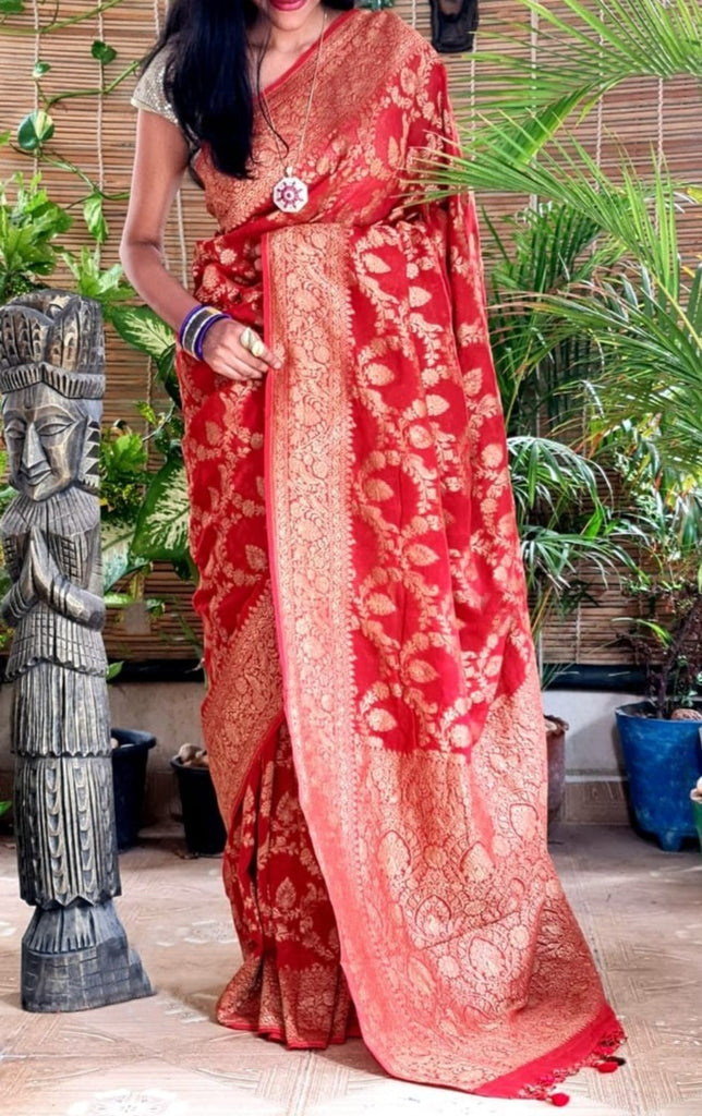 Zynah Pure Banarasi Woven Khaddi Georgette Saree; Custom Stitched/Ready-made Blouse, Fall, Petticoat; Shipping available USA, Worldwide