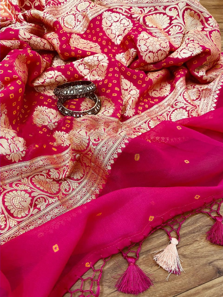 Zynah Khaddi Georgette Saree with Bandhani Prints, Antique Zari Weave; Custom Stitched/Ready-made Blouse, Fall, Petticoat; Shipping available USA, Worldwide