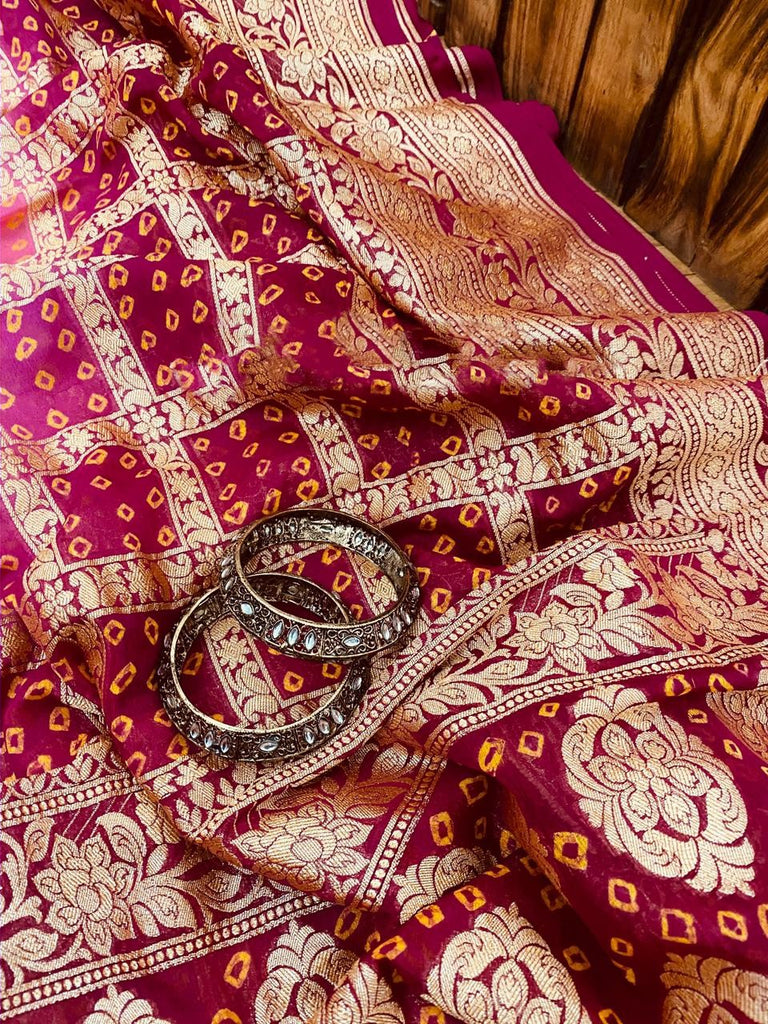 Zynah Khaddi Georgette Saree with Bandhani Prints, Antique Zari Weave; Custom Stitched/Ready-made Blouse, Fall, Petticoat; Shipping available USA, Worldwide