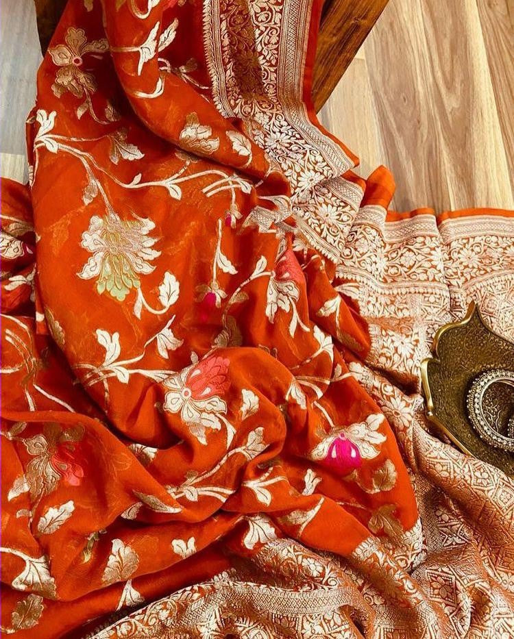 Zynah Pure Khaddi Georgette Banarasi Saree with Golden Zari & Meenakari Weaved Motifs; Custom Stitched/Ready-made Blouse, Fall, Petticoat; Shipping available USA, Worldwide